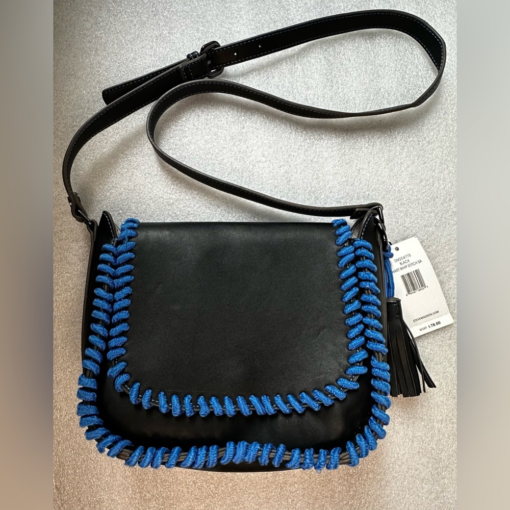 NWT Steve Madden Black Crossbody Bag w/ Blue Whipstitch Detail